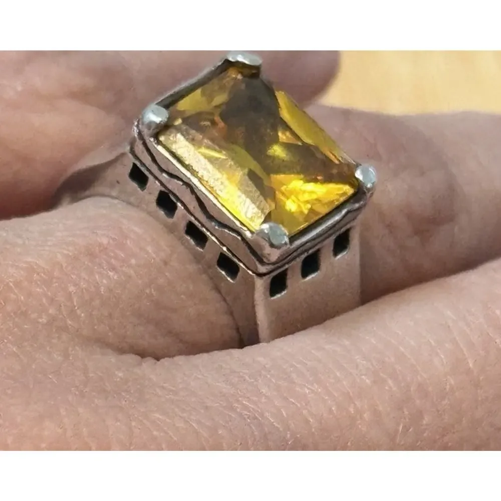 Vintage EX EX Sterling Silver 4-5 Carat Citrine Emerald Cut 925 Ring Size 8, 15g